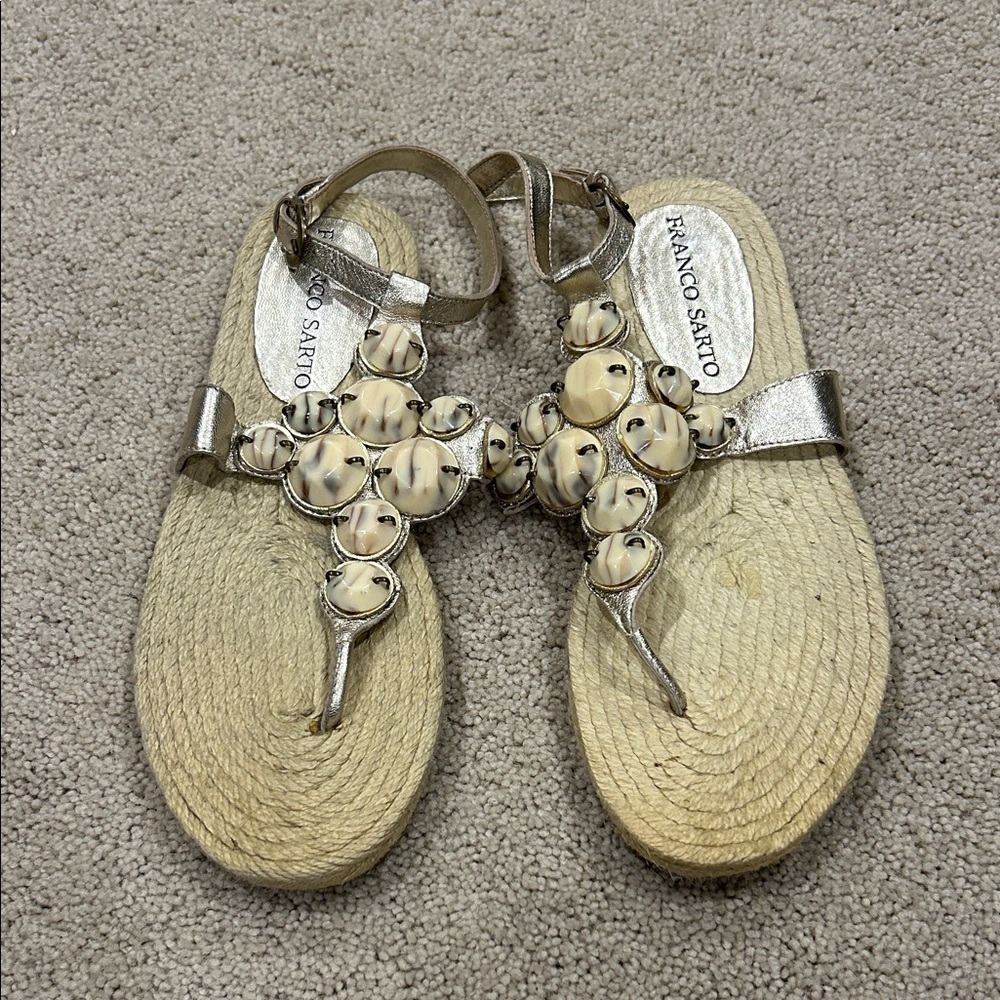 NWOT Franco Sarto Metallic and Cream Beaded Sandals